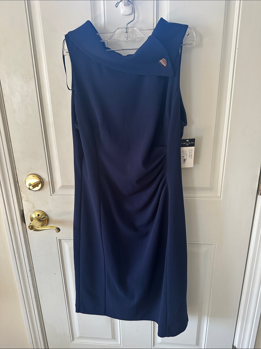 Tahari ASL Navy Midi Sheath Dress with Asymmetric Cowl